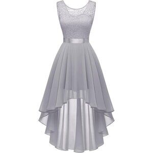 BeryLove Women Grey Chiffon Scoop Neck Sleeveless Lace Cocktail Dress